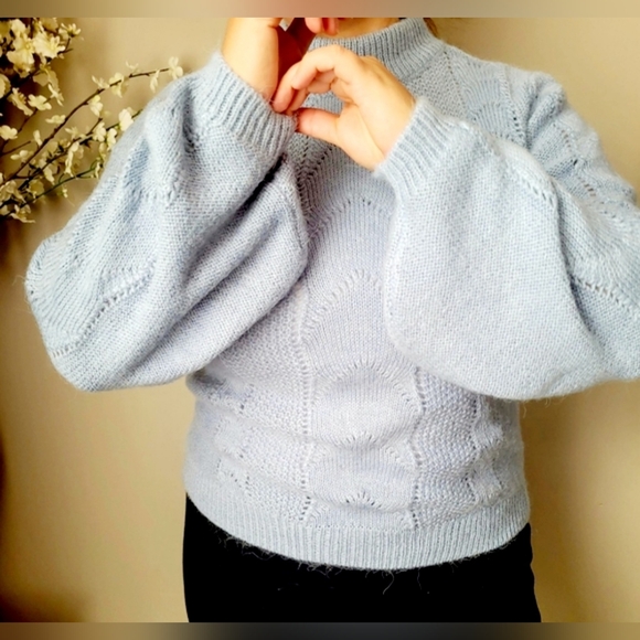 H&M Women's Sweater Knitted Balloon Sleeve Wool/Mohair Blend Blue Medium - Picture 1 of 16